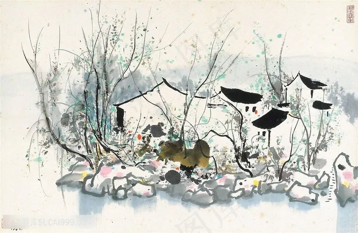 吴冠中手绘水墨乡村美景装饰画 吴冠中手绘水墨乡村美景装饰画