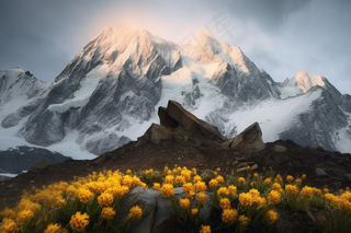 雪山日照金山下的野花摄影图