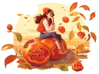 石榴水果少女卡通插画免抠
