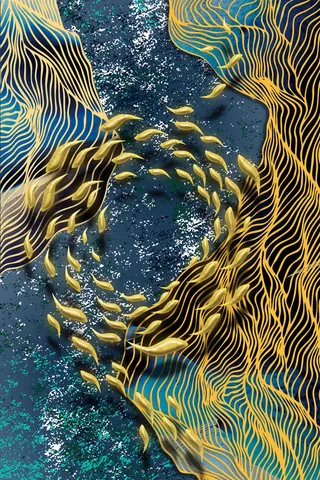 3D鱼群金色装饰画