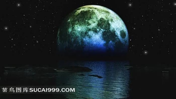 夜晚星星月球与水面倒影高清摄影图片