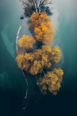 秋叶树木河面俯视摄影