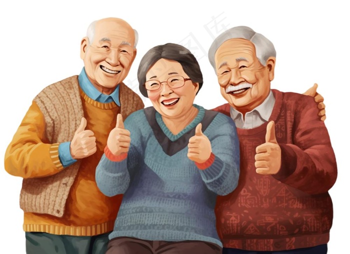 老人合照团聚卡通插画免抠(1280x928)