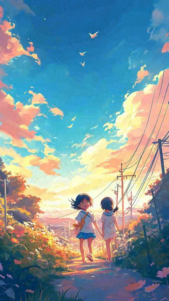 清新蓝天白云儿童路边行走手绘插画，花丛草地植物(816x1456)