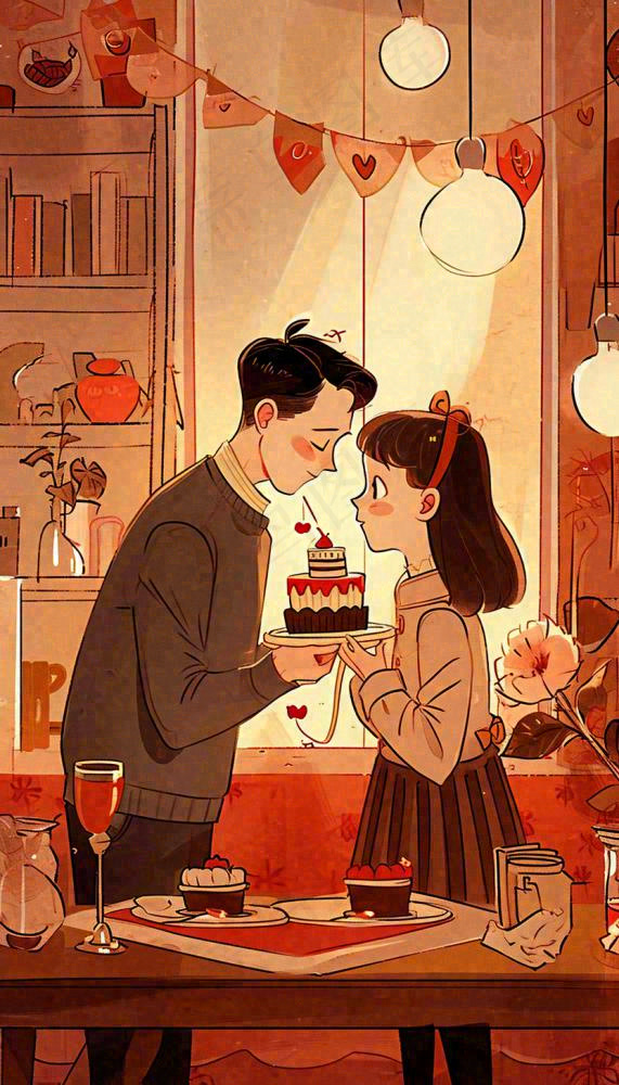 情人节情侣浪漫圣诞节日温馨生日会，插画手绘，居家餐厅美食(832x1456)
