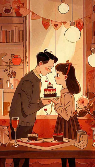 情人节情侣浪漫圣诞节日温馨生日会，插画手绘，居家餐厅美食