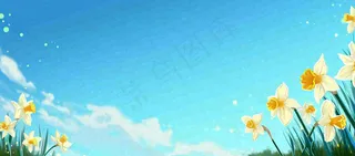 春日草地鲜花清新郊外草坪蓝天白云，春分