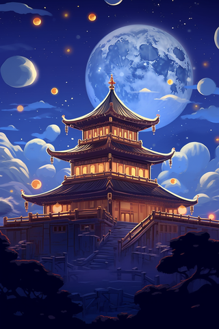 中秋月圆古建筑插画素材