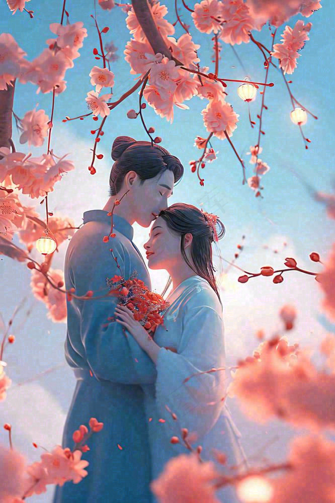 爱情情侣拥抱情人节浪漫粉色花朵，蓝天白云(896x1344)