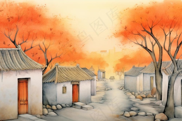 秋季胡同里古代建筑庭院水彩画水墨画素材(1344x896)