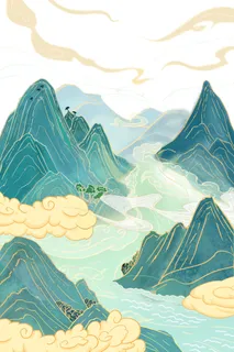 中国风国潮山水插画祥云中式手绘烫金线条元素png装饰背景PSD素材