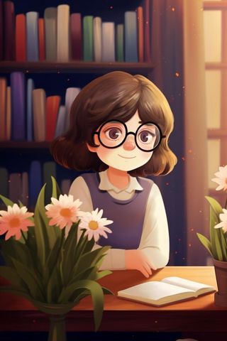 戴眼镜教师书籍鲜花暗黄色背景