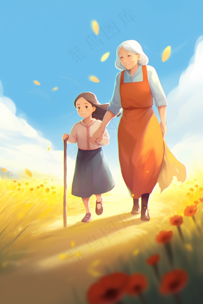 秋收女孩和奶奶麦田田间小路插画背景(x)