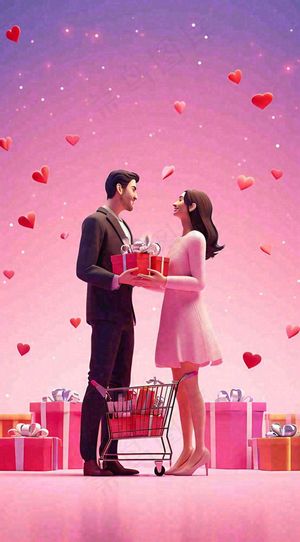 爱心购物车礼物浪漫粉色手推车，3D插画