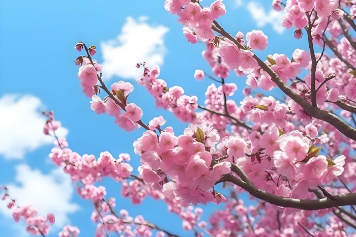 蓝天白云粉色树枝花朵樱花摄影海报素材背景(5376x3584)