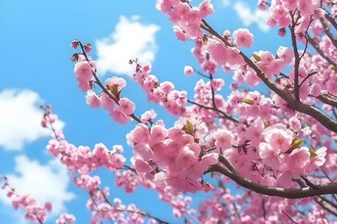 蓝天白云粉色树枝花朵樱花摄影海报素材背景 蓝天白云粉色树枝花朵樱花摄影海报素材背景