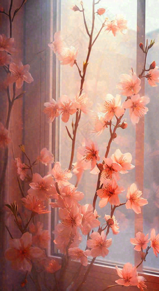 春天窗台粉色渐变鲜花，枝叶，春节立春(816x1488)
