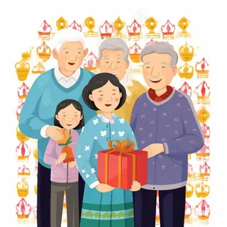 一家人家庭照礼物开心欢乐天伦之乐卡通插画素材背景