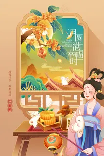 国潮中秋节插画嫦娥奔月赏月博饼 国潮中秋节插画嫦娥奔月赏月博饼