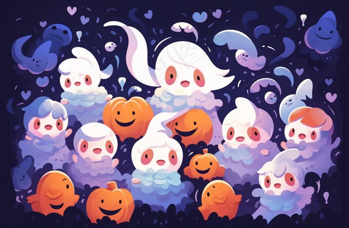 万圣节可爱搞怪小孩幽灵卡通插画素材(1344x880)