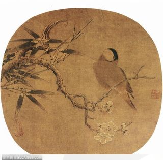 花鸟篇-竹旁梅枝上的鸟