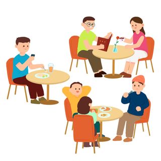 手绘卡通多人西餐厅吃饭场景背景元素