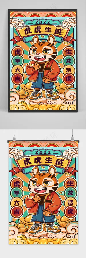 新年海报手绘中国风虎年插画 新年海报手绘中国风虎年插画