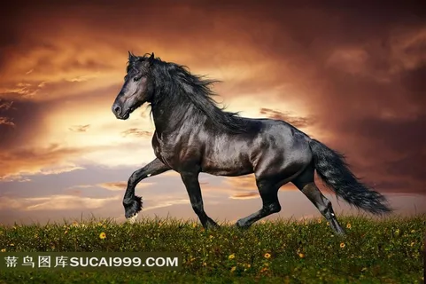 草地上奔跑的深棕色骏马高清图骏马图片