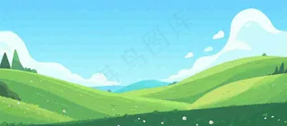 春天卡通扁平插画手绘蓝天绿色草地，春游，郊游，踏青