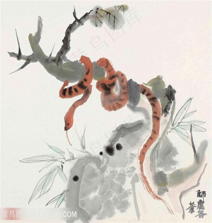 吴冠中手绘水彩树枝蛇装饰画