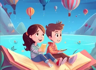 儿童放假写作业天空热气球卡通背景