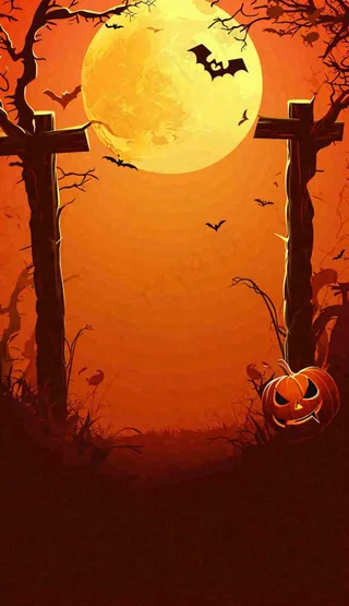 万圣节夜晚恐怖树枝橙黄色暗黑，西方节日