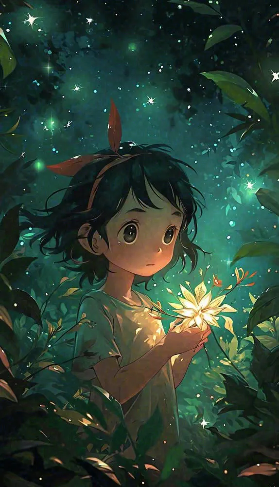 丛林里发着光的人，绿叶树林星光手绘插画(816x1421)