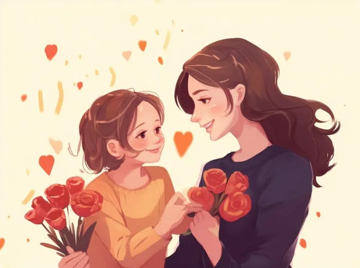 母亲节妈妈拥抱着孩子花海手绘插画素材海报背景(1264x944)