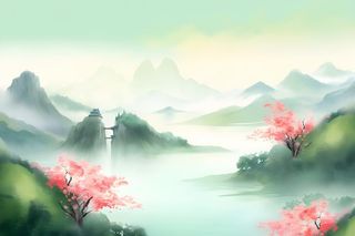 国风清新山河绿植背景