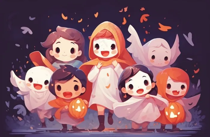 万圣节可爱搞怪小孩幽灵卡通插画素材(1344x880)