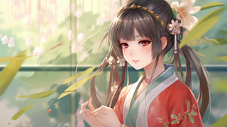 古风少女穿着红色古装墨色的发丝漫画插画