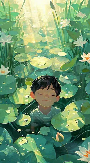 夏日温暖阳光墨绿荷花池荷叶，睡眠男孩