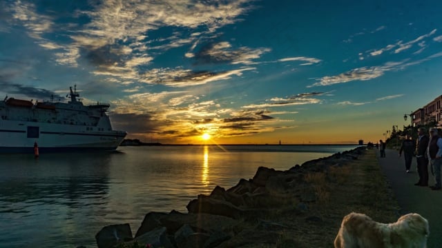 流动, 船, 前夕, 浪漫的, 渡轮, 瓦内明德, 日落