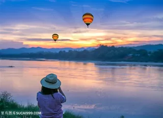 傍晚拍摄热气球