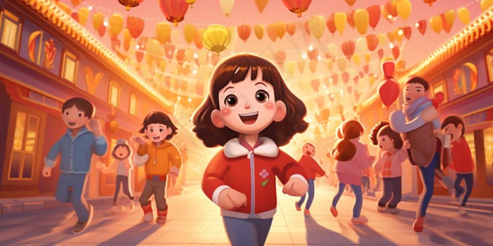 新年除夕街上欢灯结彩孩子们追逐打闹迎接新年喜庆卡通插画背景