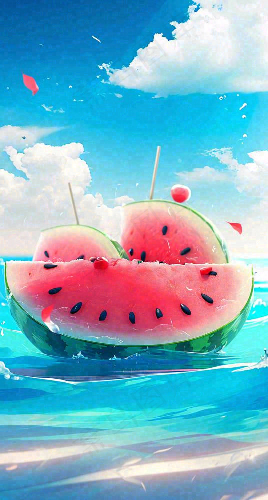夏天海洋海面水面西瓜水果冰霜清凉，夏至小暑(800x1488)