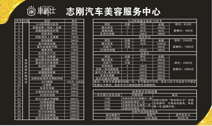 价目表汽车美容