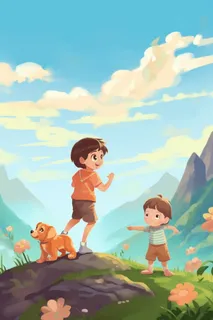 草坪儿童小狗玩耍蝴蝶插画背景