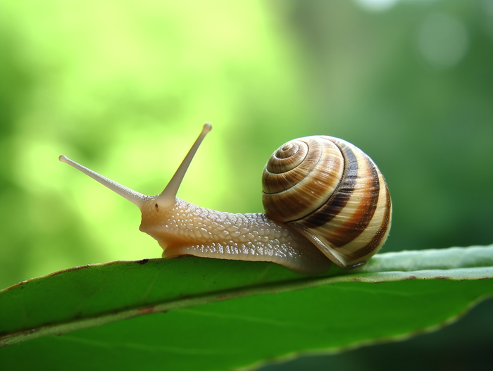 蜗牛爬在绿叶上面特写摄影图