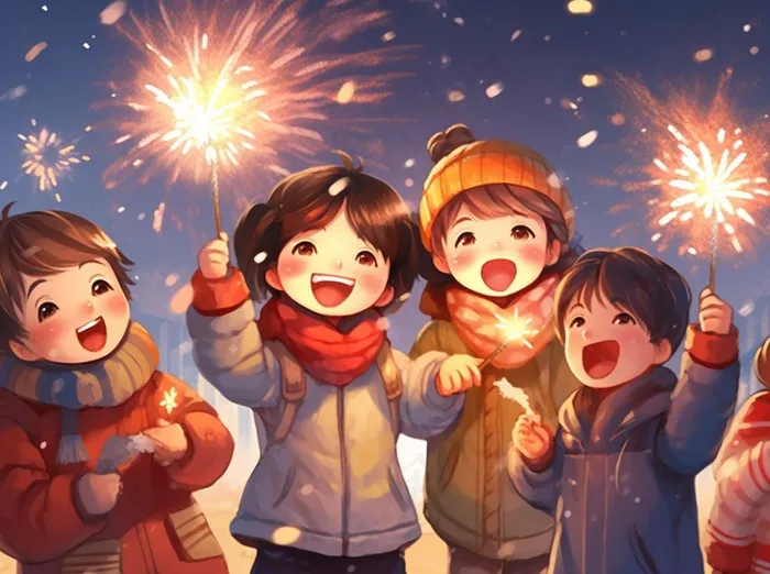 新年除夕放烟花爆竹的孩童庆祝新年喜庆卡通插画背景(1264x944)