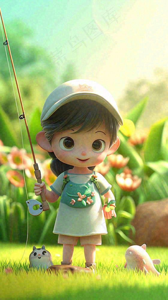 儿童节小女孩田间游玩小草小花，动物鱼类可爱(816x1456)