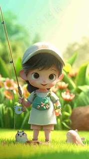 儿童节小女孩田间游玩小草小花,动物鱼类可爱 儿童节小女孩田间游玩小草小花,动物鱼类可爱