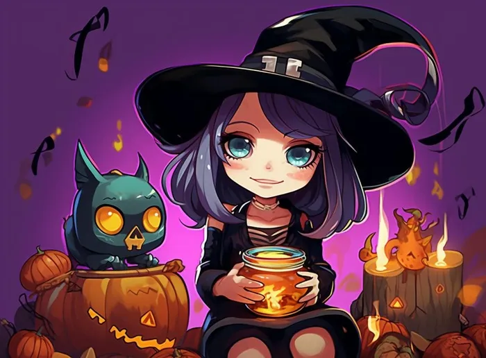 万圣节女巫鬼怪捣蛋南瓜灯恐怖紫色插画素材背景(1280x944)