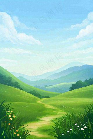 春天郊外旅行蓝天白云清新草地手绘，春分